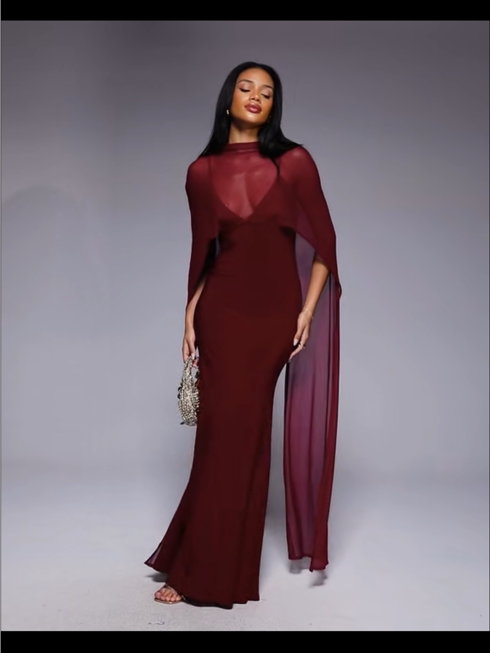 ASOS Burgundy Maxi Gown with Sheer Cape